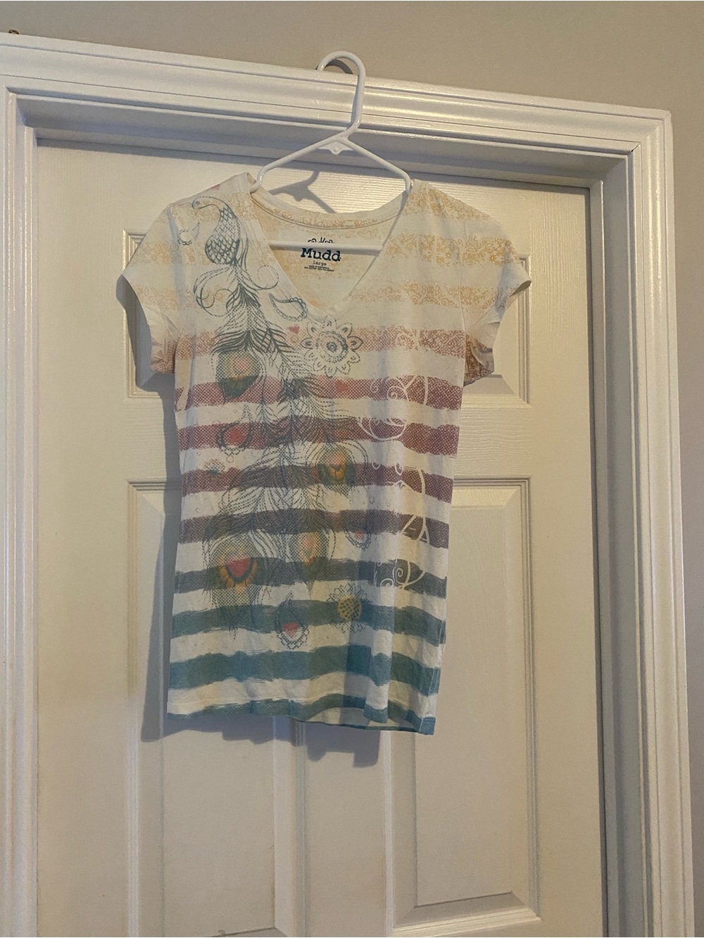 Mudd White Striped V-Neck Tee with Multicolor Peacock Motif